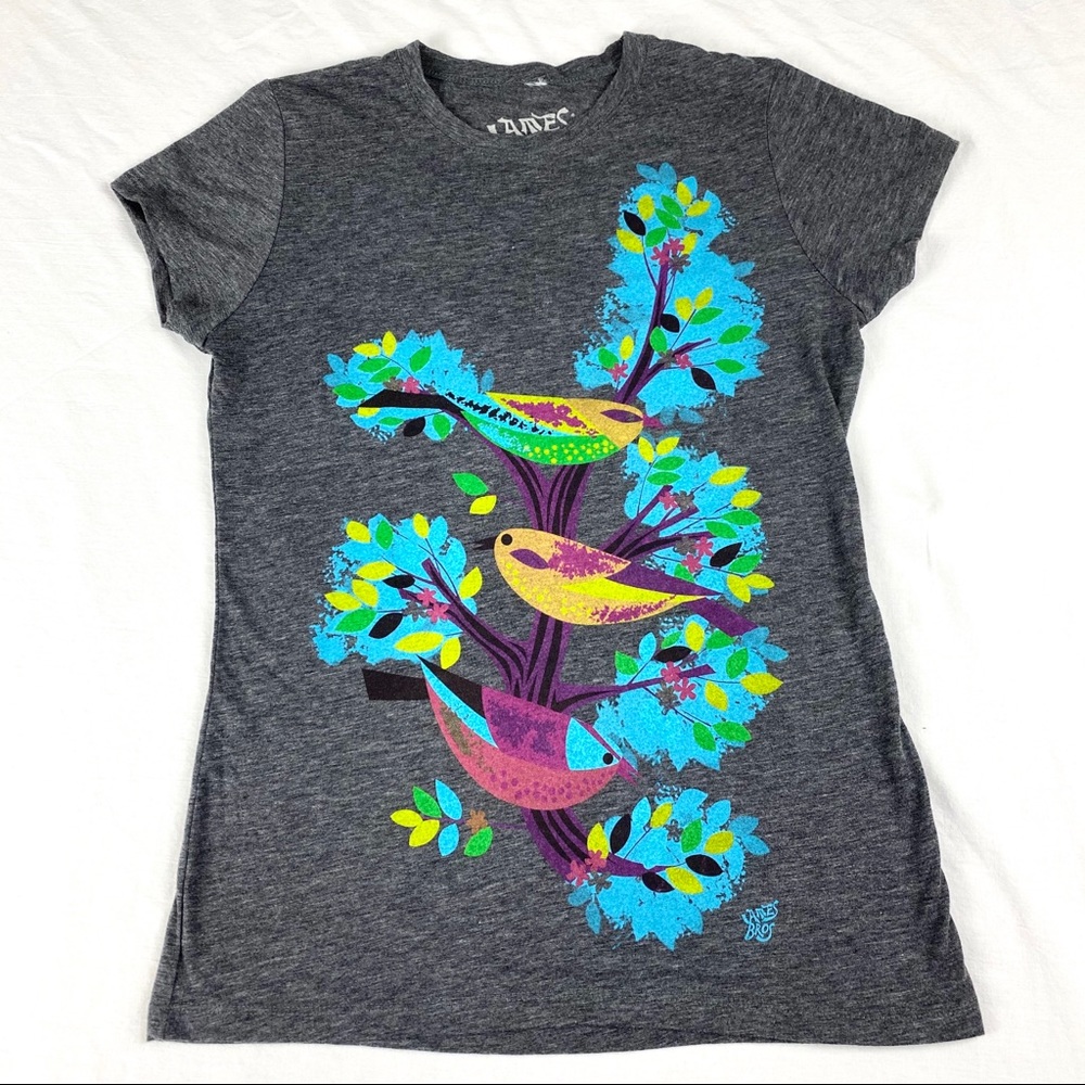 Ames Bros Bright Floral Bird Heather Gray T-shirt